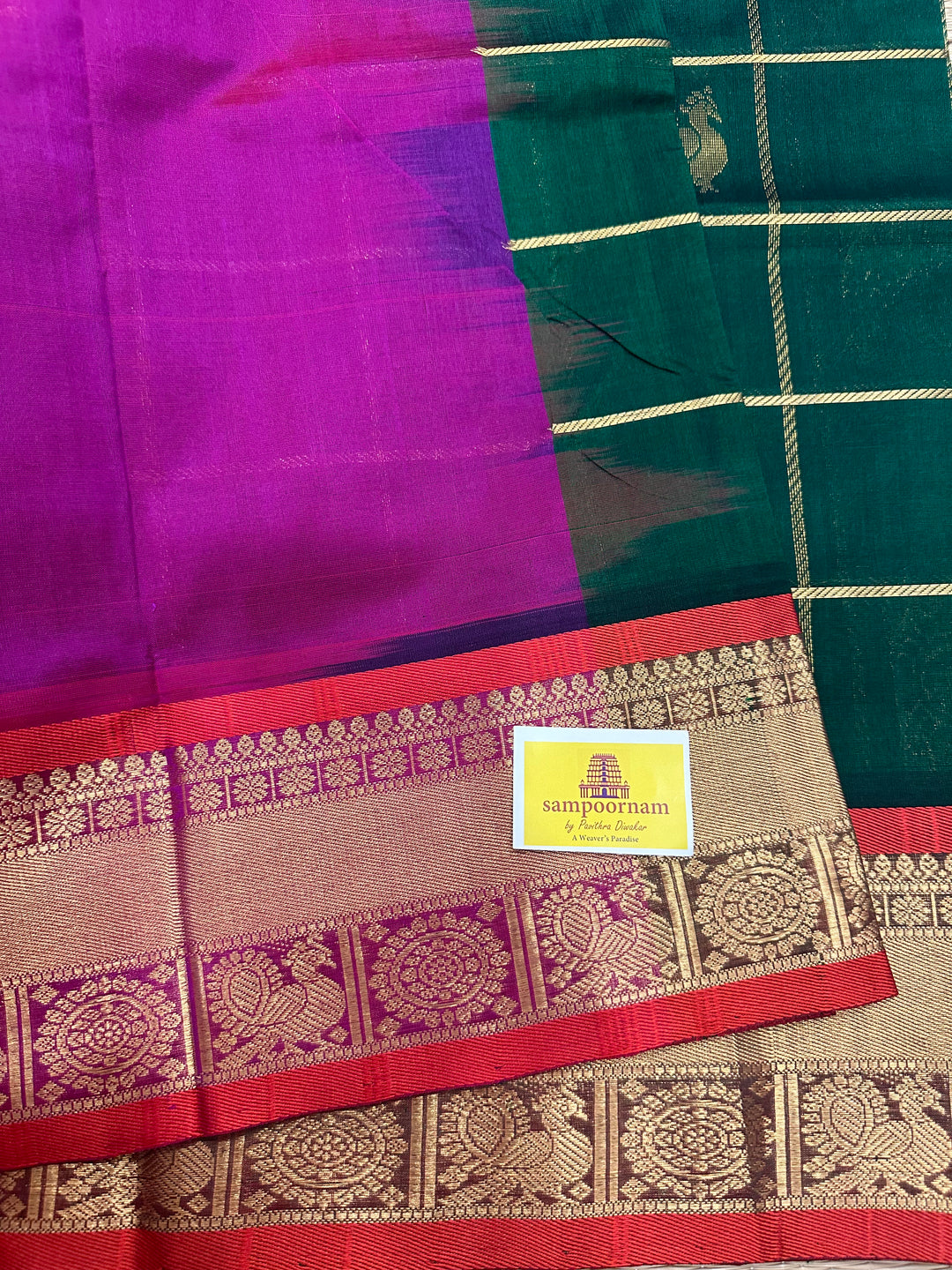 Green with Magenta Mayil Chakram Silk Cotton Saree