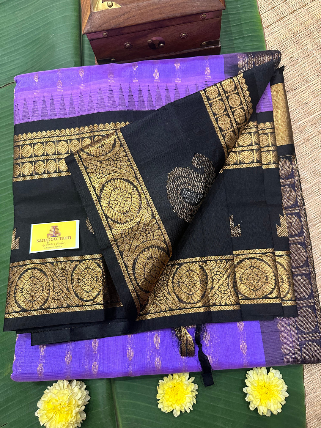 Lavender with Black one side Rettapet Border and Body Zari Butta and Rich Pallu Korvai Silk Cotton Saree