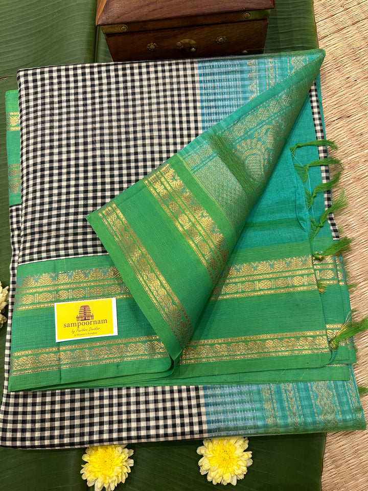 Black and White Podi Kattam with Sea Green Rettapet Border and Rich Pallu Korvai Silk Cotton Saree