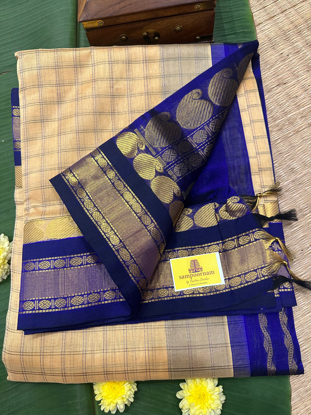 Cream with Dark Blue Body Kattam with Rich Pallu Korvai Silk Cotton Saree