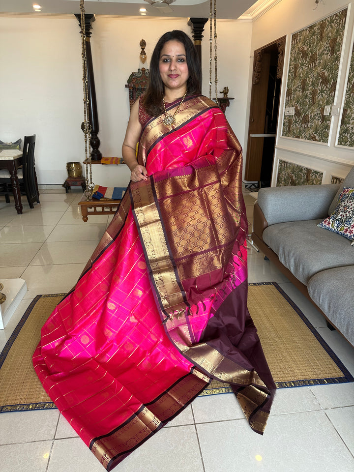 Pink with Brown Mayil Chakram Silk Cotton Saree