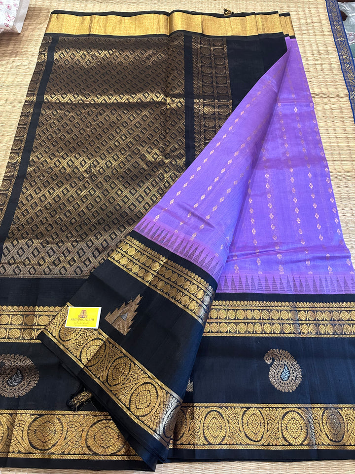 Lavender with Black one side Rettapet Border and Body Zari Butta and Rich Pallu Korvai Silk Cotton Saree