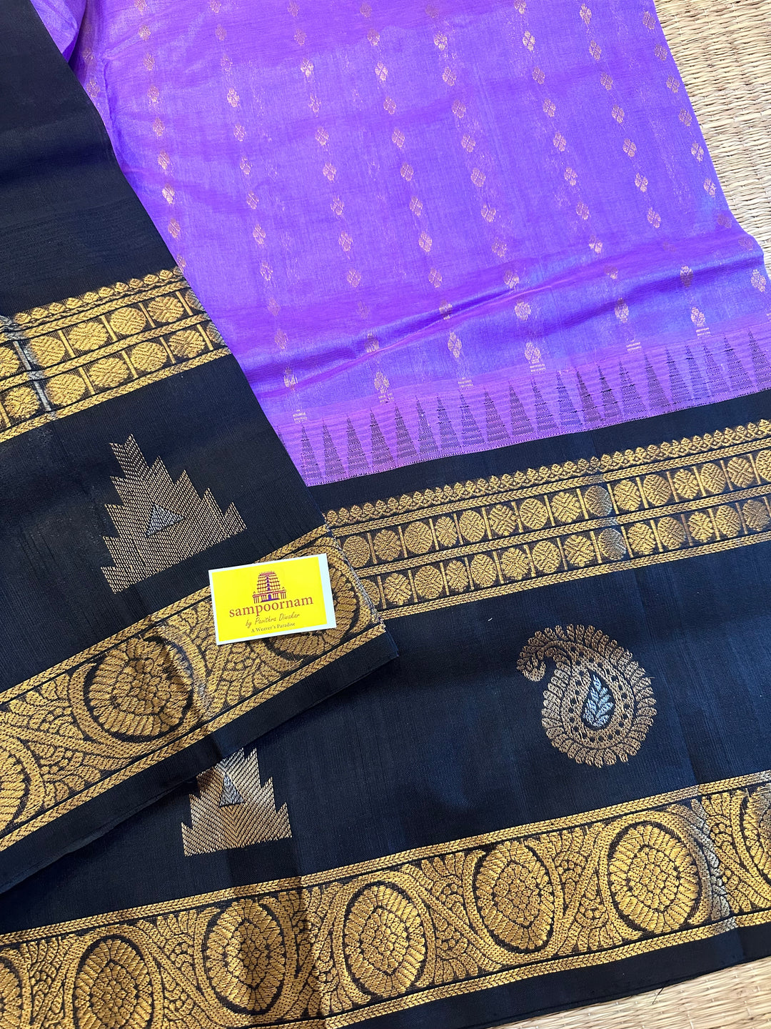 Lavender with Black one side Rettapet Border and Body Zari Butta and Rich Pallu Korvai Silk Cotton Saree