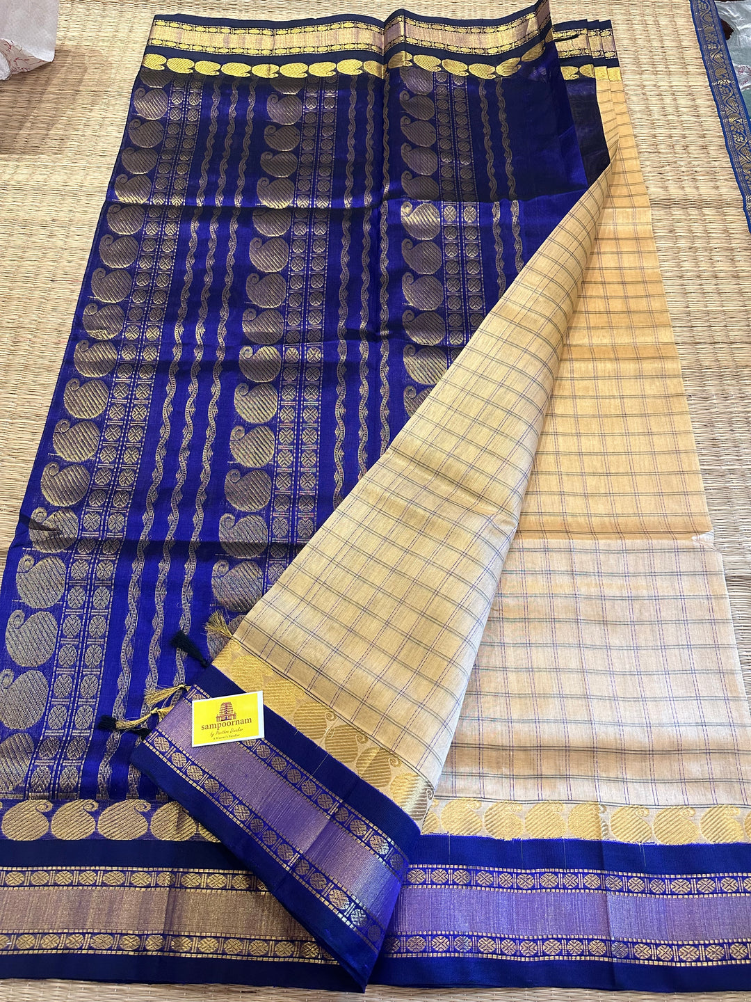 Cream with Dark Blue Body Kattam with Rich Pallu Korvai Silk Cotton Saree