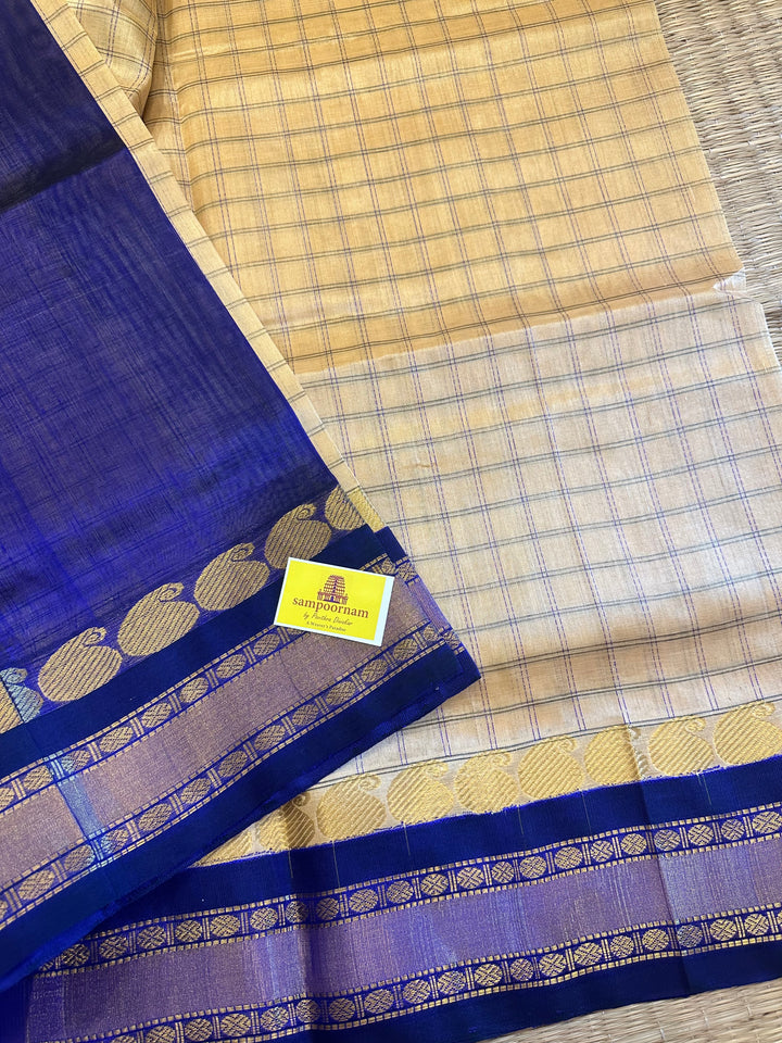 Cream with Dark Blue Body Kattam with Rich Pallu Korvai Silk Cotton Saree