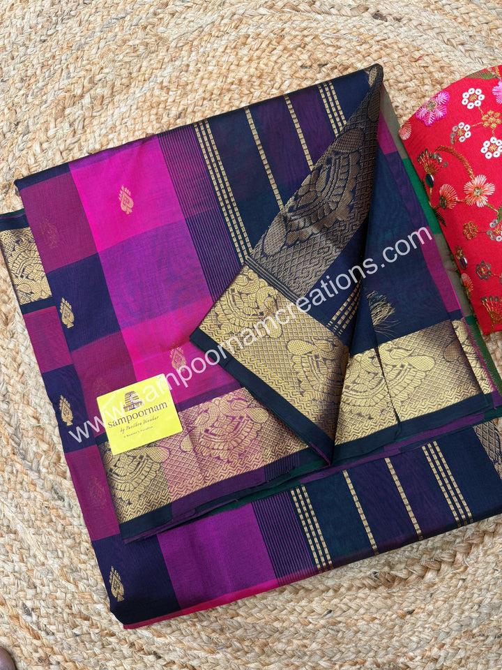 Pink , Dark Blue ,Wine with Dark Blue , Pallum Pazham Checks with rich butta , traditional borders and rich Pallu Silk Cotton Sarees