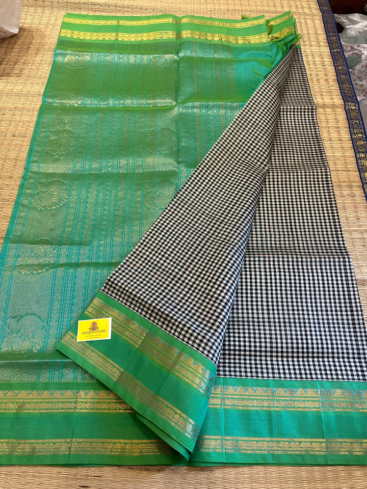 Black and White Podi Kattam with Sea Green Rettapet Border and Rich Pallu Korvai Silk Cotton Saree