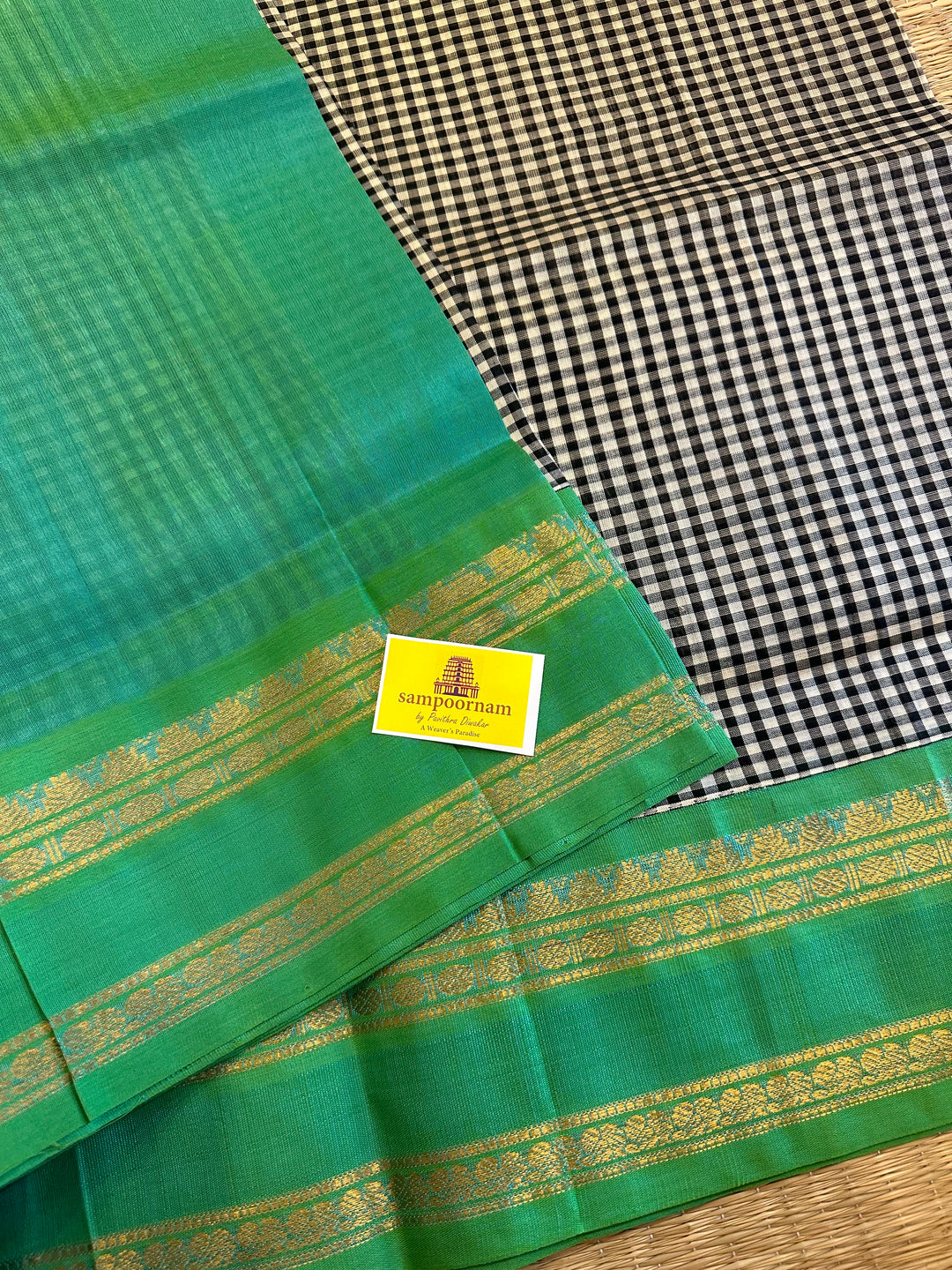 Black and White Podi Kattam with Sea Green Rettapet Border and Rich Pallu Korvai Silk Cotton Saree