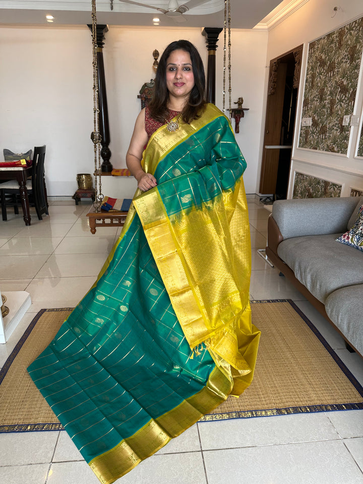 Rexona Green with Lemon Yellow Mayil Chakram Silk Cotton Saree