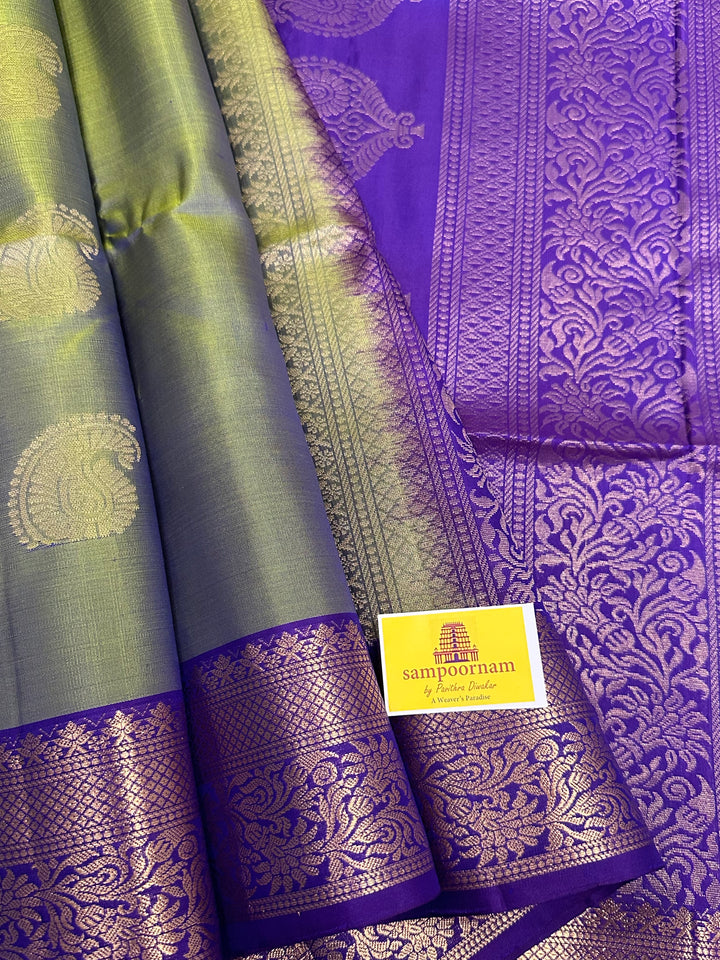 Green and Purple with Rich Border and Zari Butta in the Body and Grand Pallu Pure Soft Silk Saree