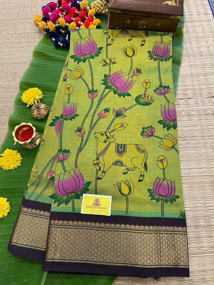 Green with Brown Pichwai Printed Korvai Silk Cotton Saree