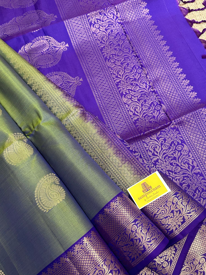 Green and Purple with Rich Border and Zari Butta in the Body and Grand Pallu Pure Soft Silk Saree