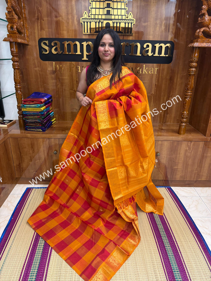 Red, Orange, Manjal with Manjal , Pallum Pazham Checks with rich butta , traditional borders and rich Pallu Silk Cotton Sarees