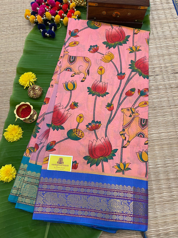 Peachish Pink with Ganga Jamuna Border Pichwai Printed Silk Cotton Saree