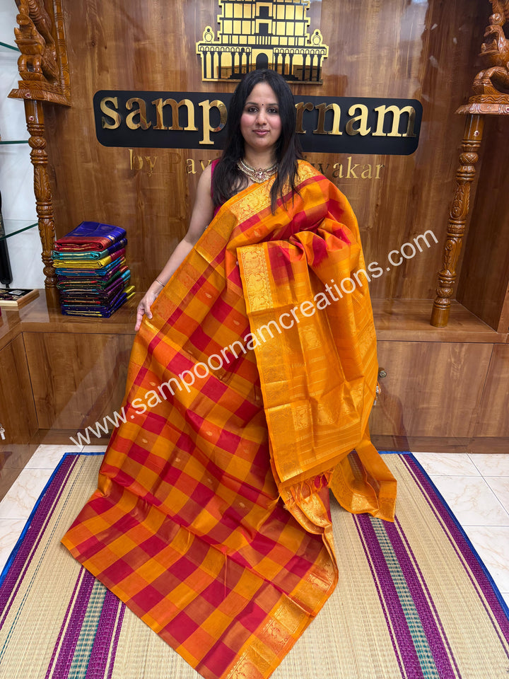 Red, Orange, Manjal with Manjal , Pallum Pazham Checks with rich butta , traditional borders and rich Pallu Silk Cotton Sarees