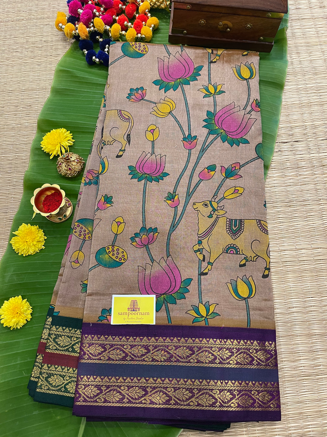 Light Gold with Ganga Jamuna Border Pichwai Printed Korvai Silk Cotton Saree