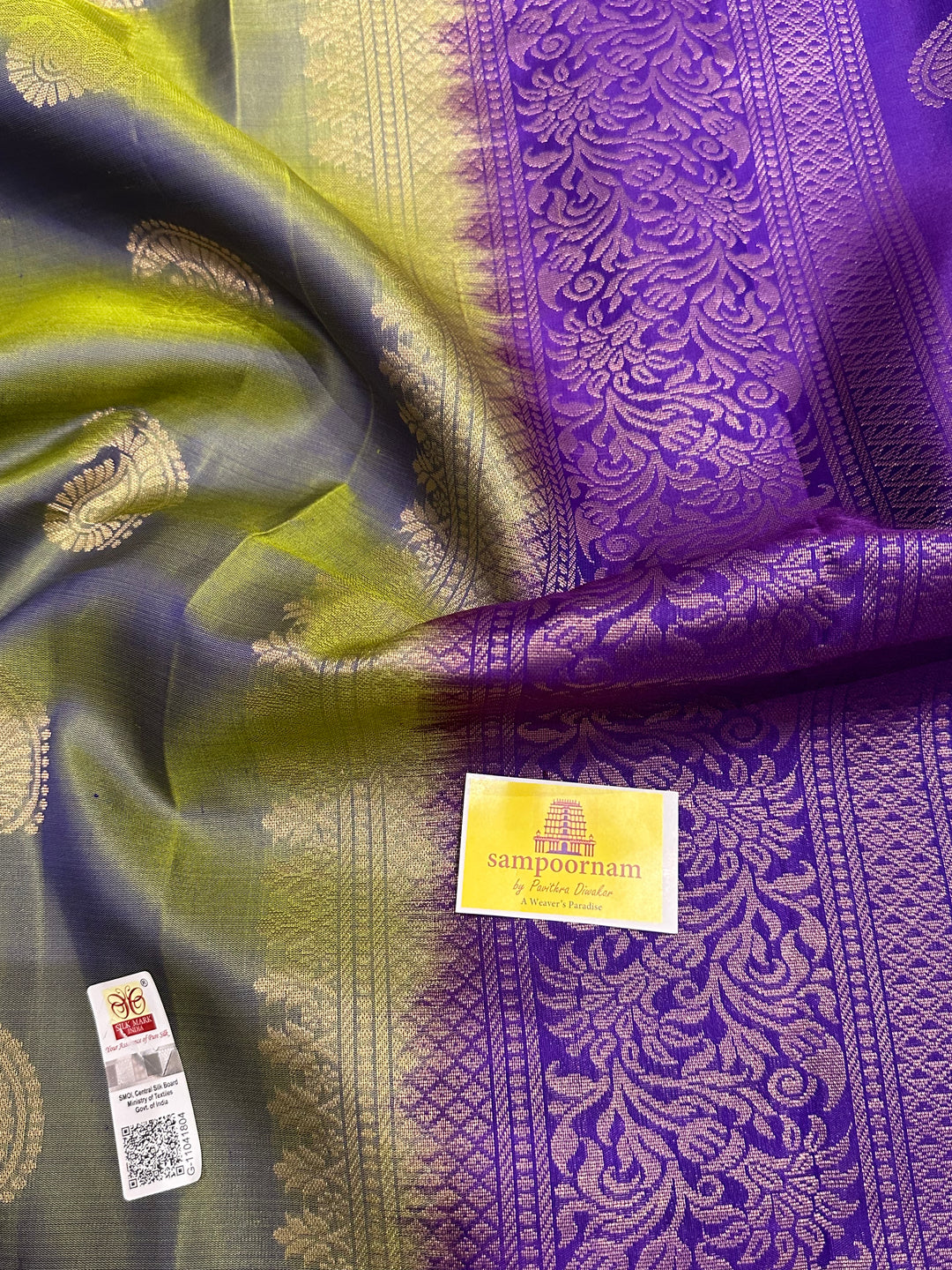 Green and Purple with Rich Border and Zari Butta in the Body and Grand Pallu Pure Soft Silk Saree