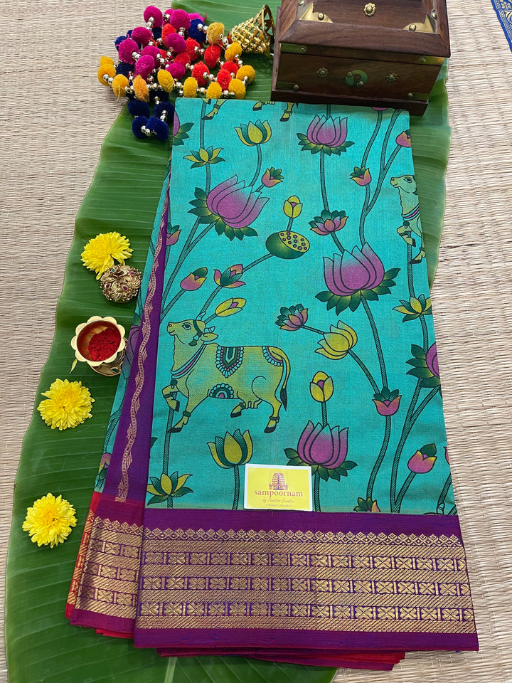 Ramar Blue with Purple Ganga Jamuna Border Pichwai Printed Korvai Silk Cotton Saree