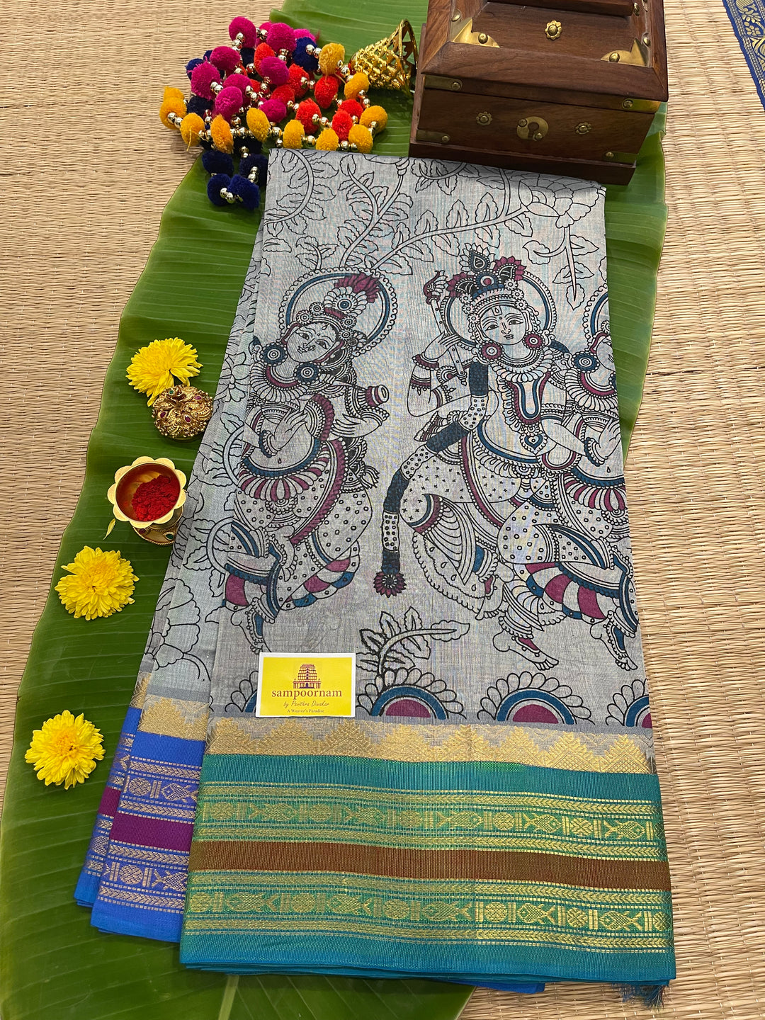 Grey with Sea Green Ganga Jamuna Border, Radha Krishna Printed Korvai Silk Cotton Saree