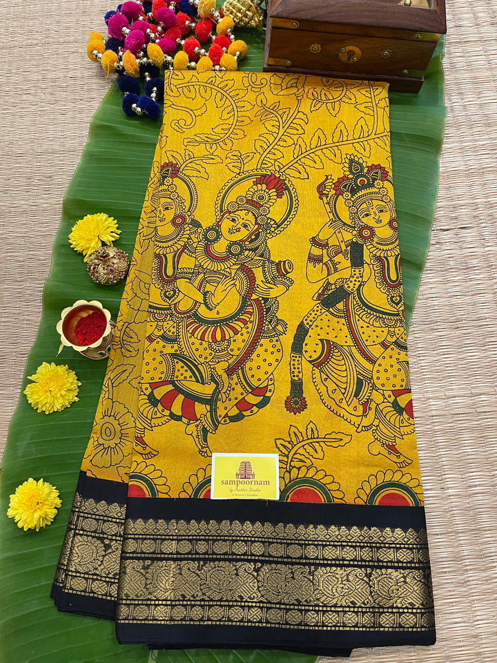 Mambazha Manjal with Black Radha Krishna Printed Korvai Silk Cotton Saree