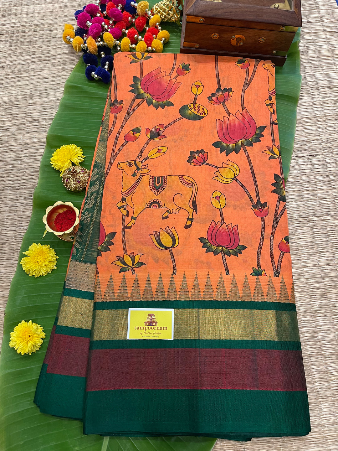 Peachish Orange Triple Temple Border Pichwai Printed Korvai Silk Cotton Saree