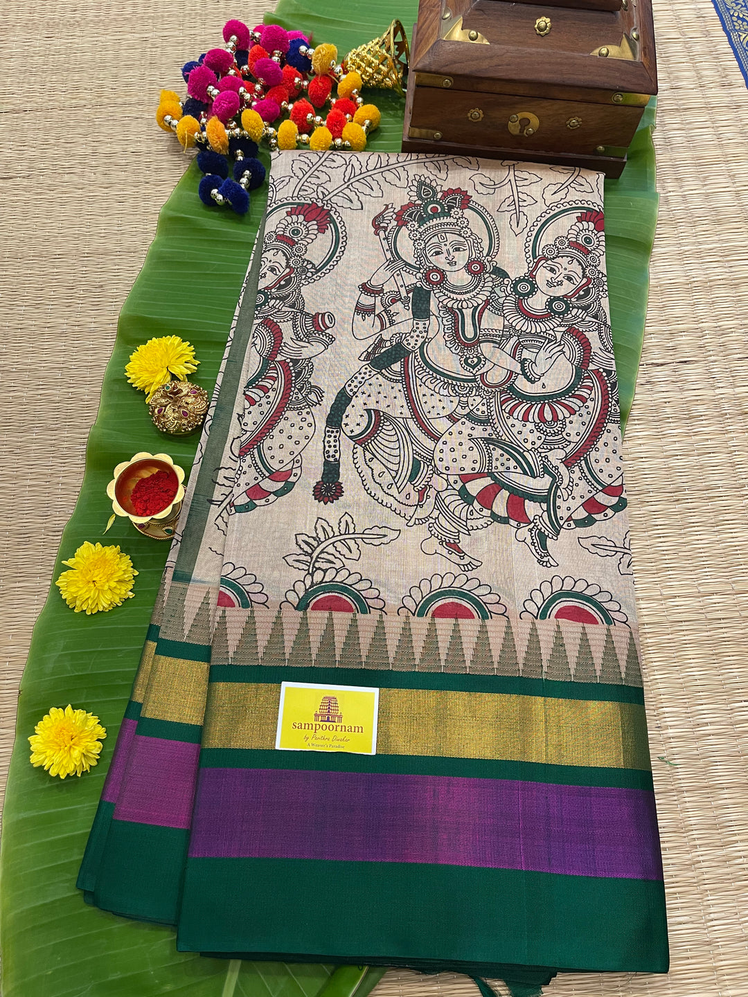 Ven Pattu With Green Triple Temple Border Radha Krishna Printed Korvai Silk Cotton Saree