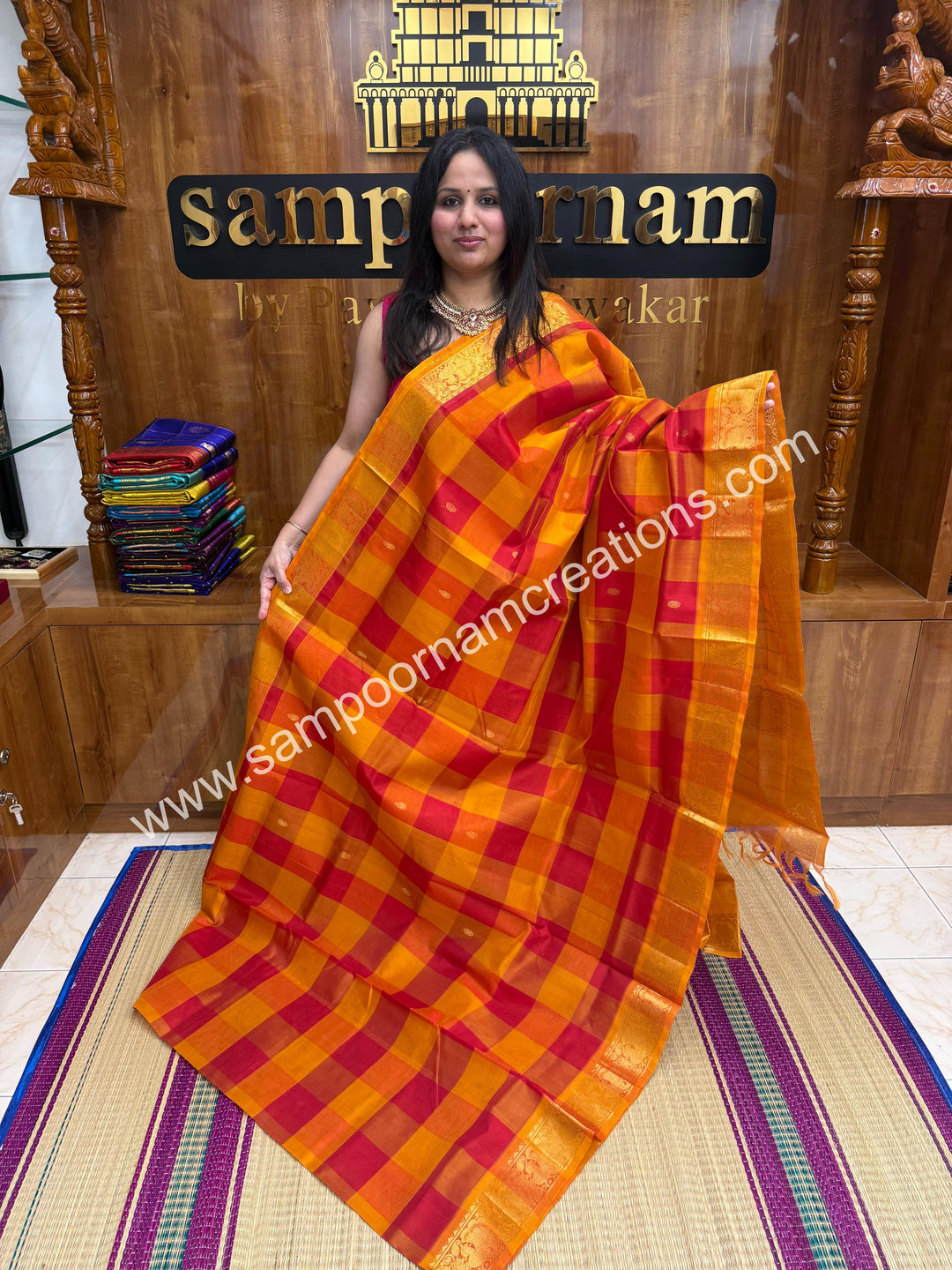 Red, Orange, Manjal with Manjal , Pallum Pazham Checks with rich butta , traditional borders and rich Pallu Silk Cotton Sarees