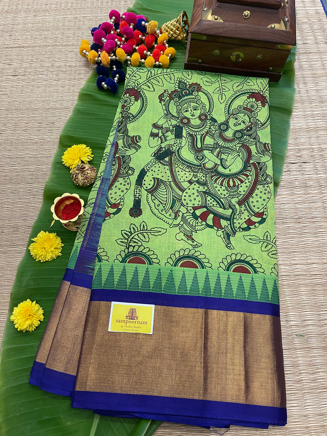 Green with Blue Temple Border Radha Krishna Printed Korvai Silk Cotton Saree