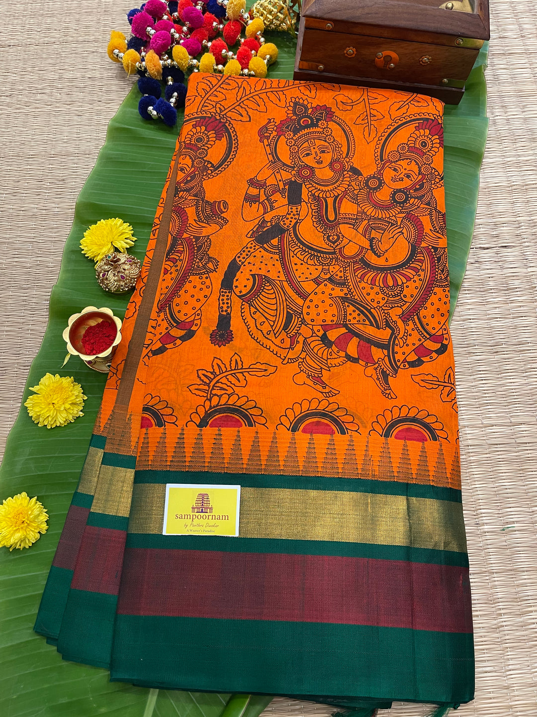 Orange With Green Triple Temple Border Radha Krishna Printed Korvai Silk Cotton Saree