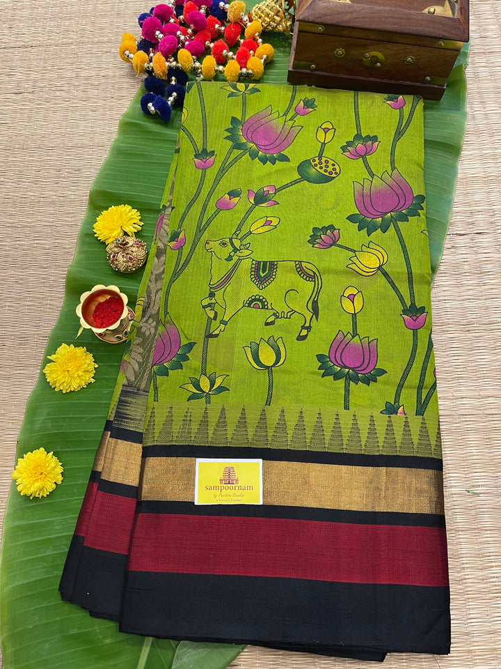 Green with Black Triple Temple Border Pichwai Printed Korvai Silk Cotton Saree