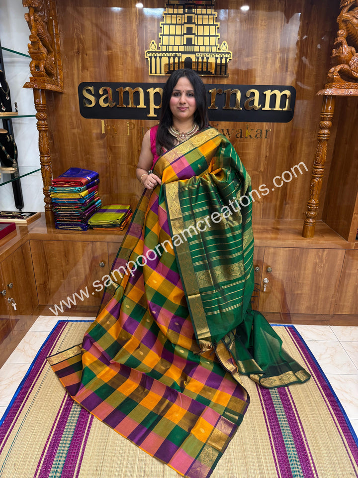 Manjal ,Green , purple with Green , Pallum Pazham Checks with rich butta , traditional borders and rich Pallu Silk Cotton Sarees