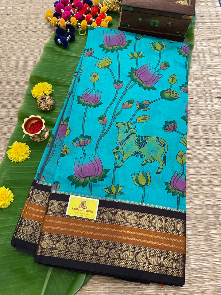 Ramar Blue with Brown Traditional Rudraksh Border Pichwai Printed Korvai Silk Cotton Saree