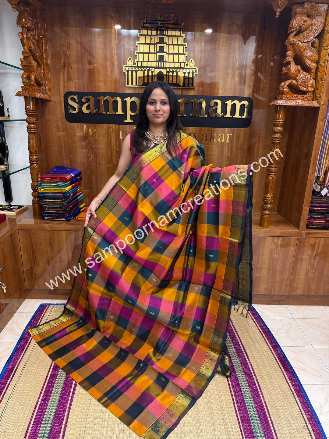 Dark Green ,Magenta ,Mustard with Green , Pallum Pazham Checks with rich butta , traditional borders and rich Pallu Silk Cotton Sarees