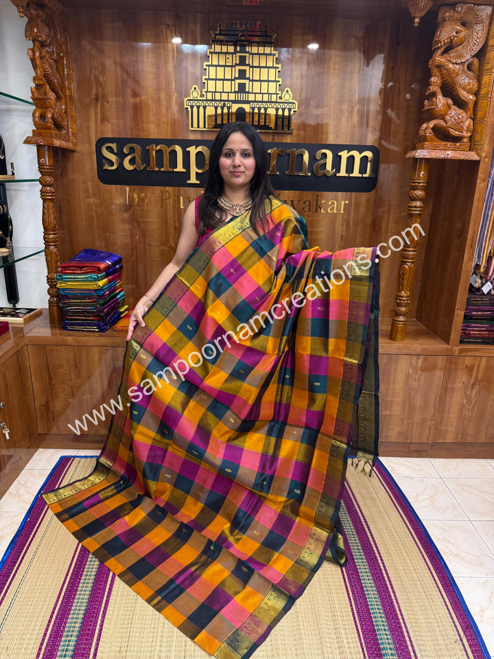 Dark Green ,Magenta ,Mustard with Green , Pallum Pazham Checks with rich butta , traditional borders and rich Pallu Silk Cotton Sarees