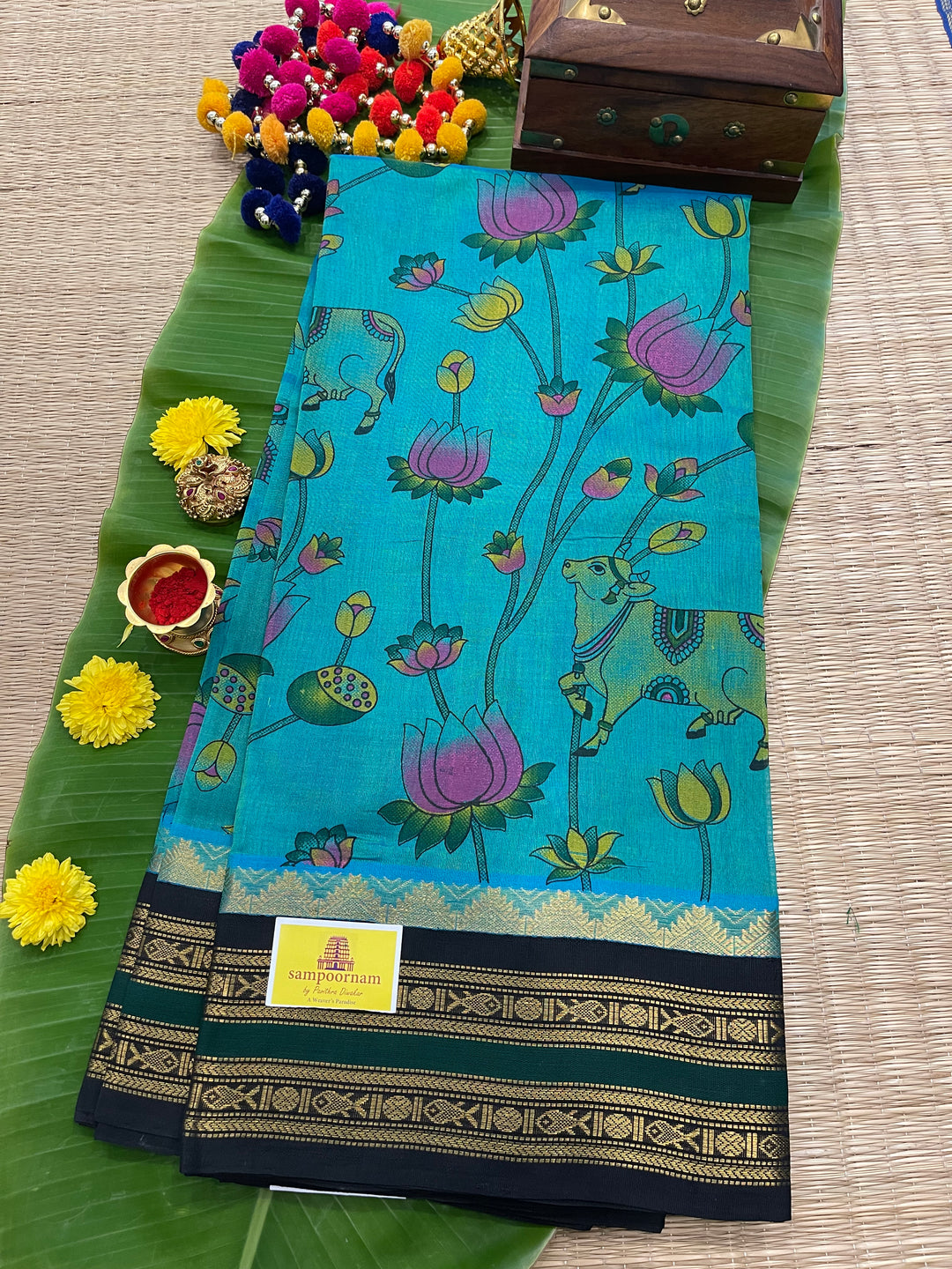 Ramar Blue with Black Pichwai Printed Korvai Silk Cotton Saree