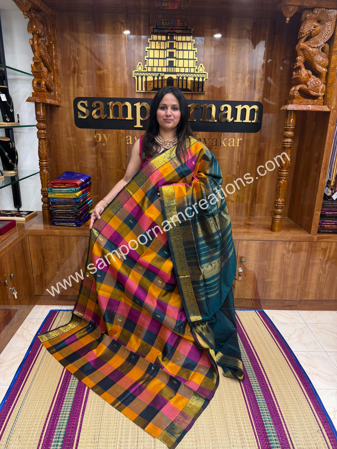 Manjal ,Green , purple with Green , Pallum Pazham Checks with rich butta , traditional borders and rich Pallu Silk Cotton Sarees