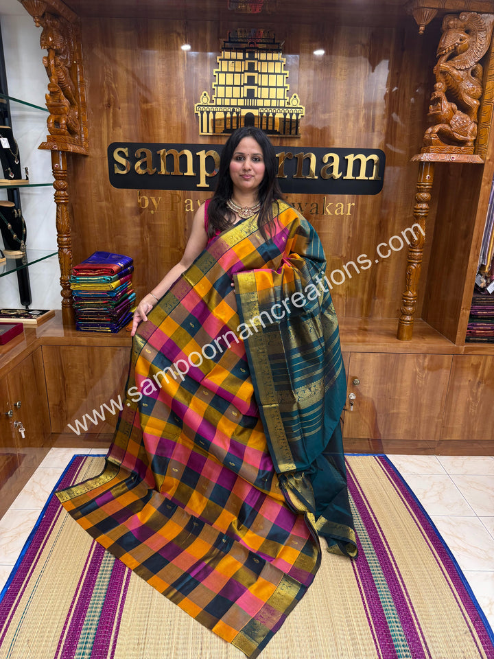 Dark Green ,Magenta ,Mustard with Green , Pallum Pazham Checks with rich butta , traditional borders and rich Pallu Silk Cotton Sarees