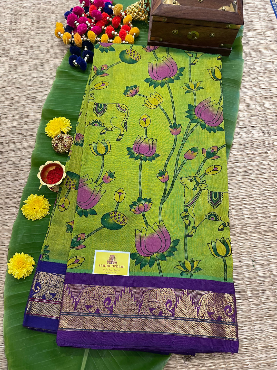 Green with Purple Pichwai Printed Korvai Silk Cotton Saree