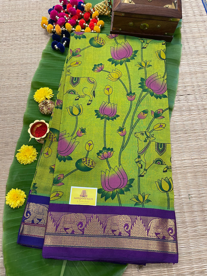 Green with Purple Pichwai Printed Korvai Silk Cotton Saree