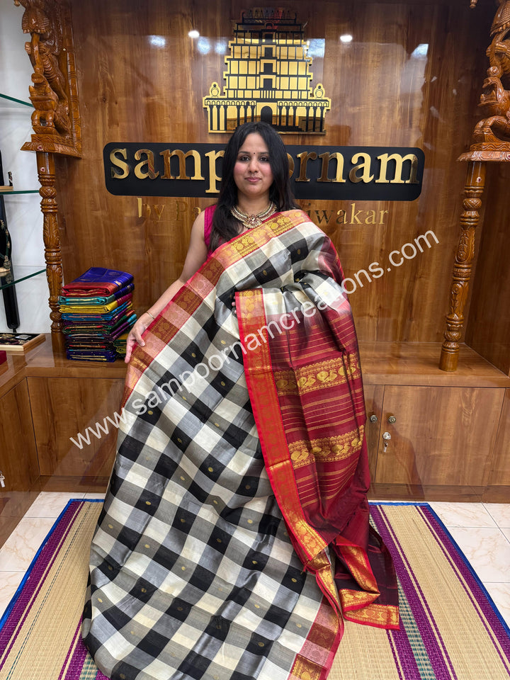 Black, White, Grey with Maroon , Pallum Pazham Checks with rich butta , traditional borders and rich Pallu Silk Cotton Sarees