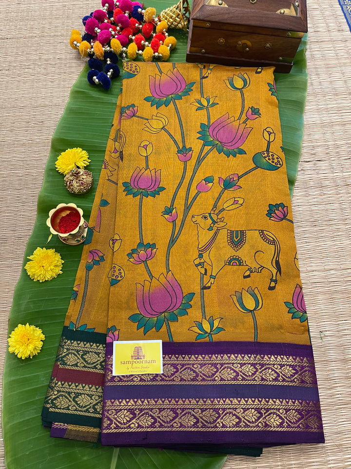 Mustard with Purple Ganga Jamuna Border Pichwai Printed Korvai Silk Cotton Saree