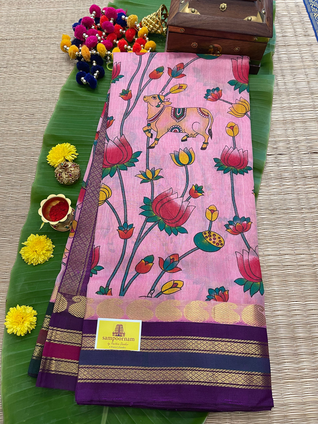 Onion Pink with Purple Ganga Jamuna Border Pichwai Printed Korvai Silk Cotton Saree