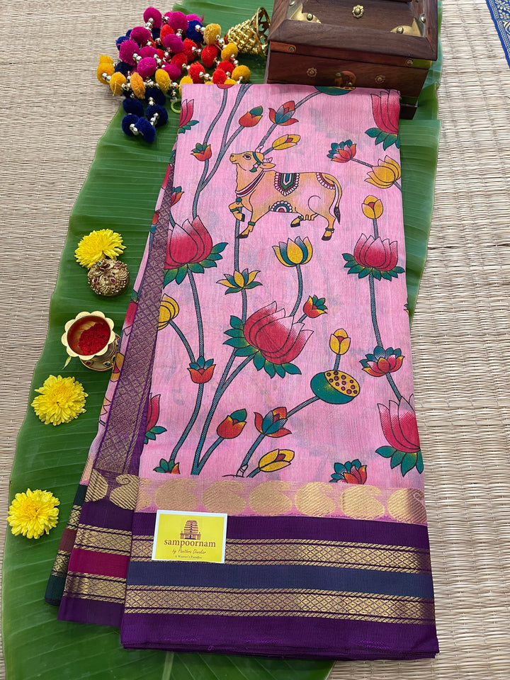 Onion Pink with Purple Ganga Jamuna Border Pichwai Printed Korvai Silk Cotton Saree