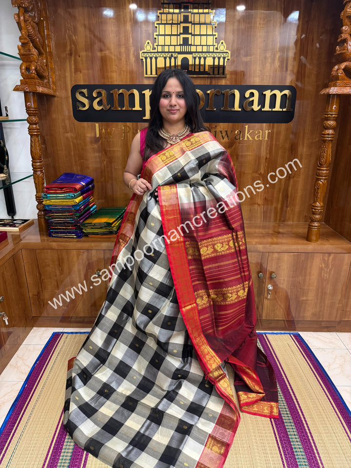 Black, White, Grey with Maroon , Pallum Pazham Checks with rich butta , traditional borders and rich Pallu Silk Cotton Sarees