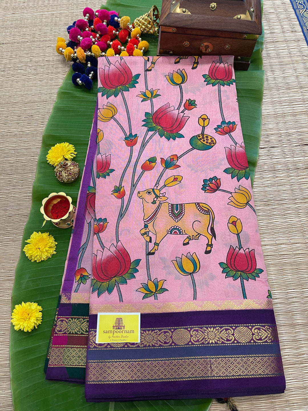 Onion Pink with Purple Ganga Jamuna Border Pichwai Printed Korvai Silk Cotton Saree