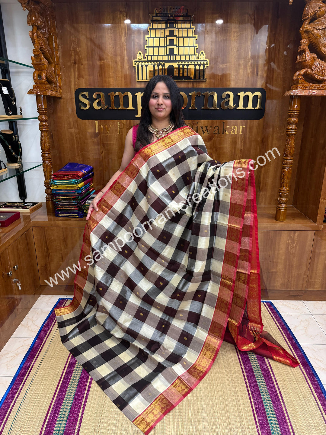 Black, White, Grey with Maroon , Pallum Pazham Checks with rich butta , traditional borders and rich Pallu Silk Cotton Sarees
