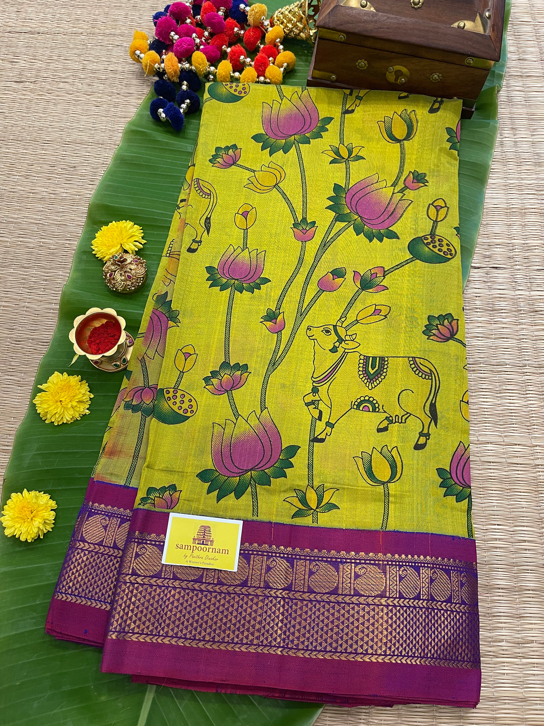 Green with Purple Pichwai Printed Korvai Silk Cotton Saree