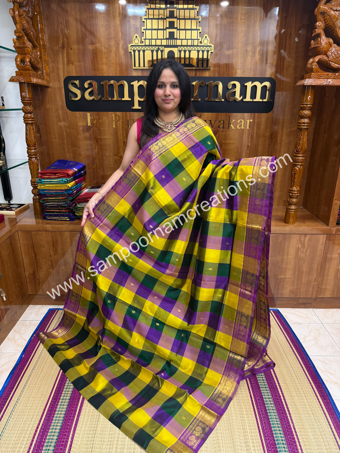 Lemon Yellow , Green , Purple with Purple , Pallum Pazham Checks with rich butta , traditional borders and rich Pallu Silk Cotton Sarees