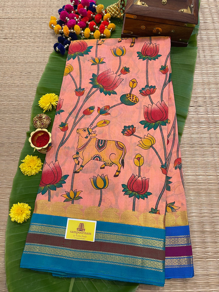 Pastel Pink With Blue Ganga Jamuna Border Pichwai Printed Korvai Silk Cotton Saree