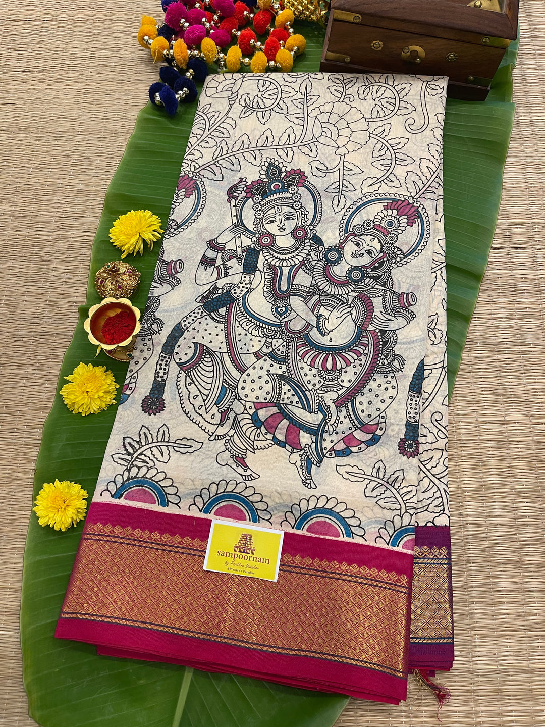 Offwhite with Pink Ganga Jamuna Border Radha Krishna Printed Korvai Silk Cotton Saree